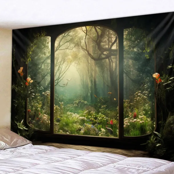 Window View Forest Hanging Tapestry Wall Art Large Tapestry Mural Decor Photograph Backdrop Blanket Curtain Home Bedroom Living Room Decoration