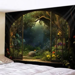 Window View Forest Hanging Tapestry Wall Art Large Tapestry Mural Decor Photograph Backdrop Blanket Curtain Home Bedroom Living Room Decoration