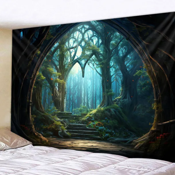 Window View Forest Hanging Tapestry Wall Art Large Tapestry Mural Decor Photograph Backdrop Blanket Curtain Home Bedroom Living Room Decoration