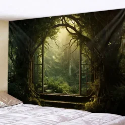 Window View Forest Hanging Tapestry Wall Art Large Tapestry Mural Decor Photograph Backdrop Blanket Curtain Home Bedroom Living Room Decoration