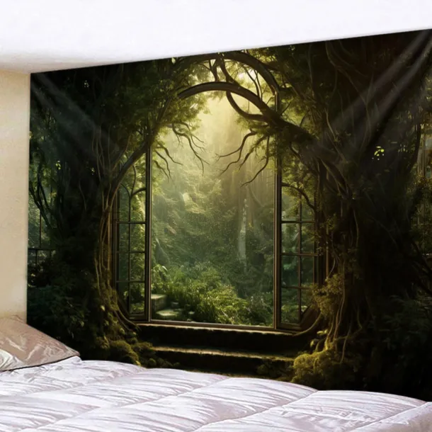 Window View Forest Hanging Tapestry Wall Art Large Tapestry Mural Decor Photograph Backdrop Blanket Curtain Home Bedroom Living Room Decoration