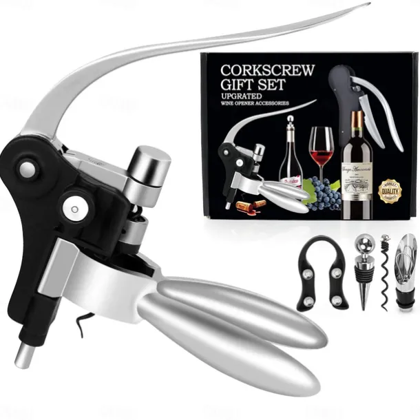 Wine Bottle Opener Rabbit Corkscrew Set Demenades Wine Opener Kit with Foil Cutter Wine Stopper and Extra Spiral Copper Silver