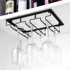 Wine Glass Rack Under Cabinet Stemware Holder Metal Wine Glass Organizer Glasses Storage Hanger for Bar Kitchen Home Black Gold White 3 Rows