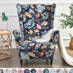 Wing Chair Slipcover Spandex Fabric Sofa Covers Wingback Armchair with a Seat Cushion Cover FloralPattern Furniture Protector for Living Room