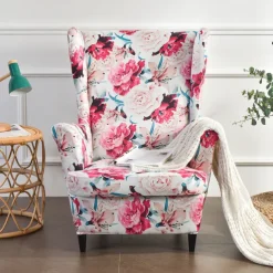 Wing Chair Slipcover Spandex Fabric Sofa Covers Wingback Armchair with a Seat Cushion Cover FloralPattern Furniture Protector for Living Room