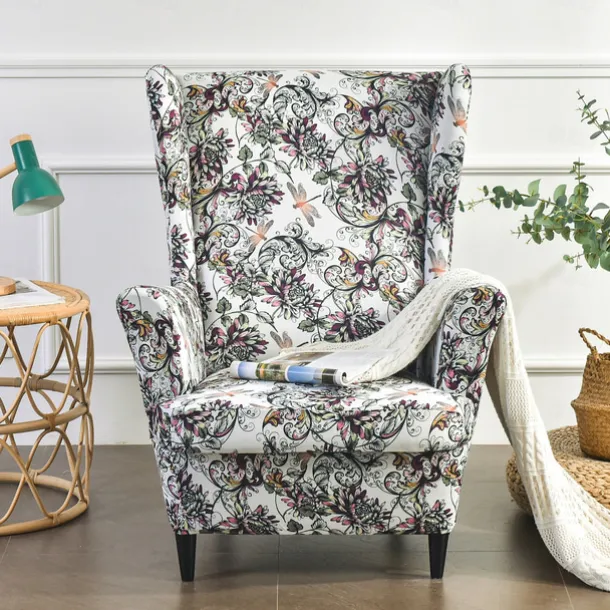 Wing Chair Slipcover Spandex Fabric Sofa Covers Wingback Armchair with a Seat Cushion Cover FloralPattern Furniture Protector for Living Room