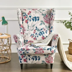 Wing Chair Slipcover Spandex Fabric Sofa Covers Wingback Armchair with a Seat Cushion Cover FloralPattern Furniture Protector for Living Room