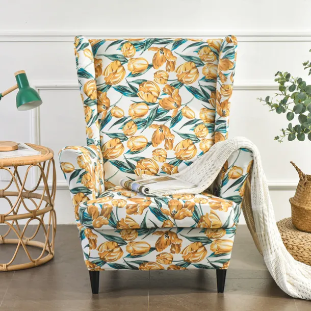 Wing Chair Slipcover Spandex Fabric Sofa Covers Wingback Armchair with a Seat Cushion Cover FloralPattern Furniture Protector for Living Room