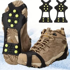 Winter Non-Slip Rubber Shoe Spikes, 10-Crampon Traction for Snow and Ice, Easy Installation, Black - Ideal for Outdoor Safety