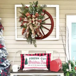 Winter Wreath-Farmhouse Wagon Wheel Red Wagon Wheel Christmas Wreath Vintage Farmhouse Wreath Design Decoration for Front Door Wall 40cm