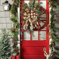 Winter Wreath-Farmhouse Wagon Wheel Red Wagon Wheel Christmas Wreath Vintage Farmhouse Wreath Design Decoration for Front Door Wall 40cm