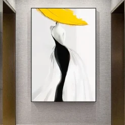 Woman in yellow hat Modern Abstract Sexy Woman Figure Canvas Painting Hand-painted Wall Art for Living Room Home Decor No Frame