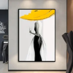 Woman in yellow hat Modern Abstract Sexy Woman Figure Canvas Painting Hand-painted Wall Art for Living Room Home Decor No Frame
