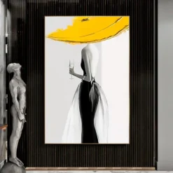 Woman in yellow hat Modern Abstract Sexy Woman Figure Canvas Painting Hand-painted Wall Art for Living Room Home Decor No Frame