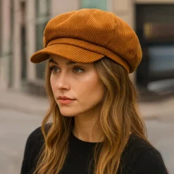 Women's Vintage Corduroy Newsboy Cap - Coffee Brown Octagonal Beret Hat, Non-Stretch Elastic-Free Fit, Packable & Hand Washable for Autumn Winter Casual Outfits