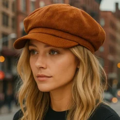 Women's Vintage Corduroy Newsboy Cap - Coffee Brown Octagonal Beret Hat, Non-Stretch Elastic-Free Fit, Packable & Hand Washable for Autumn Winter Casual Outfits