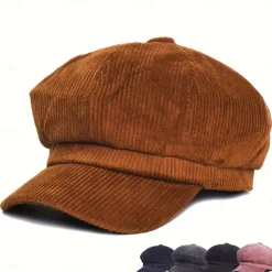 Women's Vintage Corduroy Newsboy Cap - Coffee Brown Octagonal Beret Hat, Non-Stretch Elastic-Free Fit, Packable & Hand Washable for Autumn Winter Casual Outfits