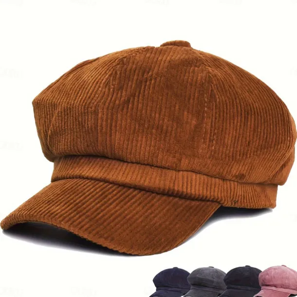 Women's Vintage Corduroy Newsboy Cap - Coffee Brown Octagonal Beret Hat, Non-Stretch Elastic-Free Fit, Packable & Hand Washable for Autumn Winter Casual Outfits