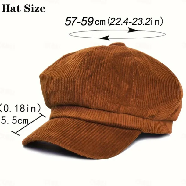 Women's Vintage Corduroy Newsboy Cap - Coffee Brown Octagonal Beret Hat, Non-Stretch Elastic-Free Fit, Packable & Hand Washable for Autumn Winter Casual Outfits