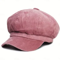 Women's Vintage Corduroy Newsboy Cap - Coffee Brown Octagonal Beret Hat, Non-Stretch Elastic-Free Fit, Packable & Hand Washable for Autumn Winter Casual Outfits