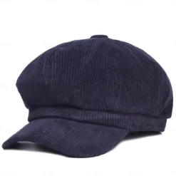 Women's Vintage Corduroy Newsboy Cap - Coffee Brown Octagonal Beret Hat, Non-Stretch Elastic-Free Fit, Packable & Hand Washable for Autumn Winter Casual Outfits