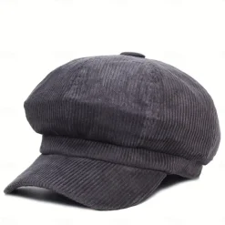 Women's Vintage Corduroy Newsboy Cap - Coffee Brown Octagonal Beret Hat, Non-Stretch Elastic-Free Fit, Packable & Hand Washable for Autumn Winter Casual Outfits
