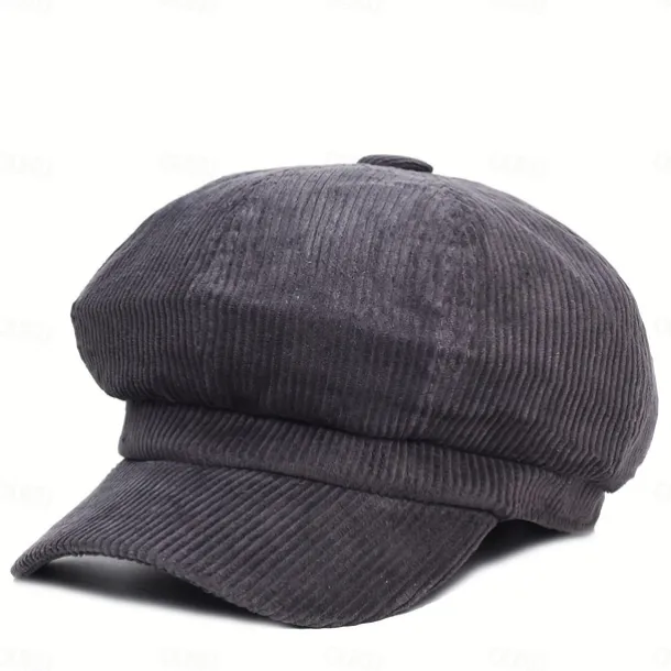 Women's Vintage Corduroy Newsboy Cap - Coffee Brown Octagonal Beret Hat, Non-Stretch Elastic-Free Fit, Packable & Hand Washable for Autumn Winter Casual Outfits