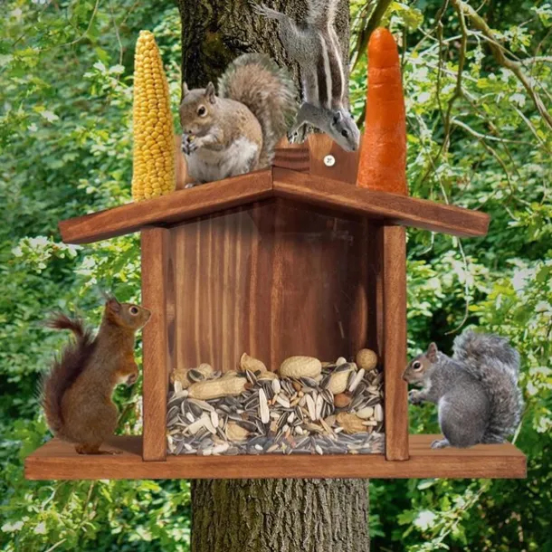 Wood Squirrel Feeder,Turdy Squirrel Feeding House,Wooden Squirrel Picnic Table Feeder,No Assembly Required,Stable Squirrels Stool Bar,Durable Box Easy to Fill with Removable Front Panel