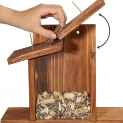 Wood Squirrel Feeder,Turdy Squirrel Feeding House,Wooden Squirrel Picnic Table Feeder,No Assembly Required,Stable Squirrels Stool Bar,Durable Box Easy to Fill with Removable Front Panel