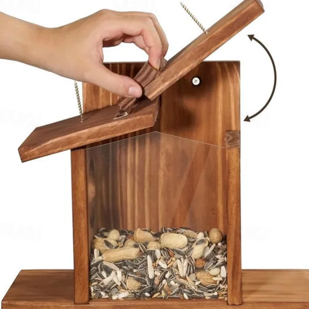 Wood Squirrel Feeder,Turdy Squirrel Feeding House,Wooden Squirrel Picnic Table Feeder,No Assembly Required,Stable Squirrels Stool Bar,Durable Box Easy to Fill with Removable Front Panel