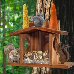 Wood Squirrel Feeder,Turdy Squirrel Feeding House,Wooden Squirrel Picnic Table Feeder,No Assembly Required,Stable Squirrels Stool Bar,Durable Box Easy to Fill with Removable Front Panel