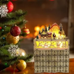 Wooden Advent Calendar with 24 Drawers DIY Christmas Calendar with LED Lighting Gift for Children