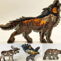 Wooden Animal Wolf Statue Creativity Wolf Totem Office Home Decorate Crafts North Forest Elk Brown Bear Ornaments