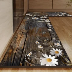Wooden Daisy Area Rug Kitchen Mat Non-Slip Oil Proof Floor Mat Livingroom Rug Indoor Outdoor Mat Bedroom Decor Bathroom Mat Entrance Rug Door Mat