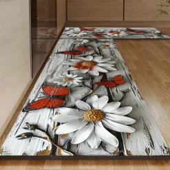 Wooden Daisy Pattern Kitchen Rug Area Rug Mat Non-Slip Oil Proof Floor Mat Livingroom Rug Indoor Outdoor Mat Bedroom Decor Bathroom Mat Entrance Rug Door Mat