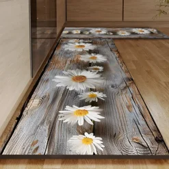 Wooden Daisy Pattern Kitchen Rug Area Rug Mat Non-Slip Oil Proof Floor Mat Livingroom Rug Indoor Outdoor Mat Bedroom Decor Bathroom Mat Entrance Rug Door Mat