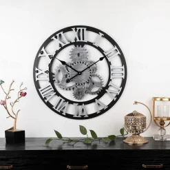 Wooden European Retro Wall Clock Gold Roman Gear Clock Decorative Luxury Classic Quartz Clock Modern Design For Home decor Wall Clocks 58 cm