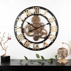 Wooden European Retro Wall Clock Gold Roman Gear Clock Decorative Luxury Classic Quartz Clock Modern Design For Home decor Wall Clocks 58 cm