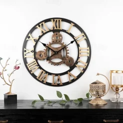 Wooden European Retro Wall Clock Gold Roman Gear Clock Decorative Luxury Classic Quartz Clock Modern Design For Home decor Wall Clocks 58 cm