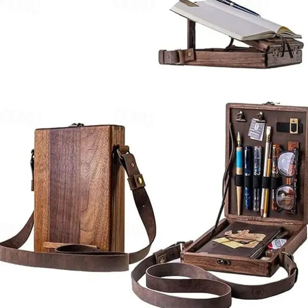 Wooden Handmade Portable Crossbody Postman Bag, Multifunctional Artist Tool Brush Storage Box (Wood Color) Gift