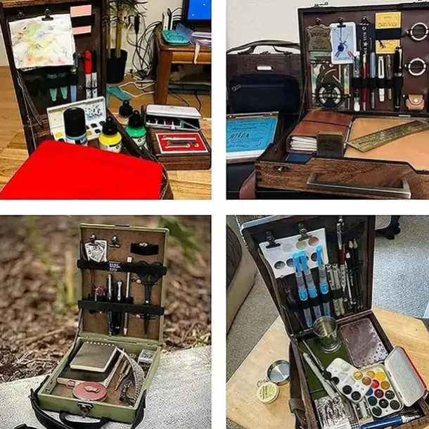 Wooden Handmade Portable Crossbody Postman Bag, Multifunctional Artist Tool Brush Storage Box (Wood Color) Gift