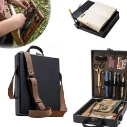 Wooden Handmade Portable Crossbody Postman Bag, Multifunctional Artist Tool Brush Storage Box (Wood Color) Gift