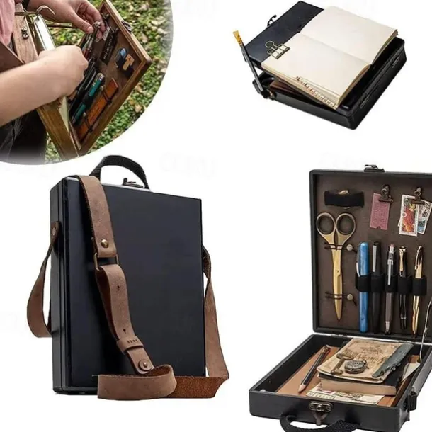 Wooden Handmade Portable Crossbody Postman Bag, Multifunctional Artist Tool Brush Storage Box (Wood Color) Gift