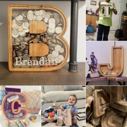 Wooden Letter Piggy Bank 26 Alphabets Wooden Coin Piggy Bank Christmas Birthday Toy Gift Home Decoration for Kids