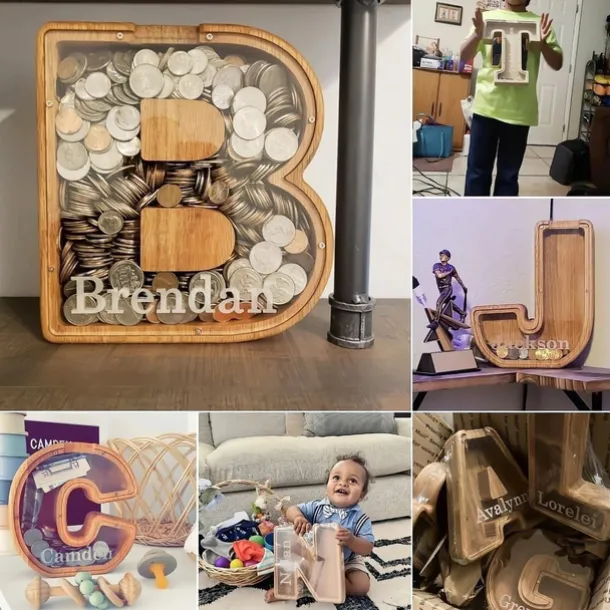 Wooden Letter Piggy Bank 26 Alphabets Wooden Coin Piggy Bank Christmas Birthday Toy Gift Home Decoration for Kids