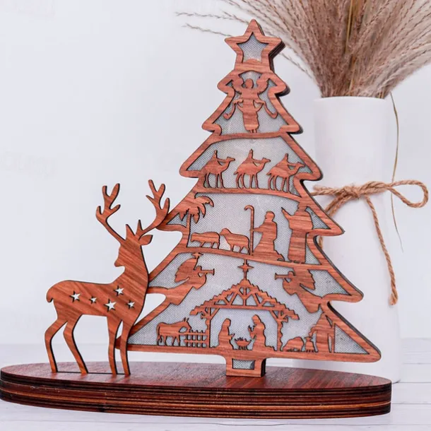Wooden Light-Up Nativity Scene Decor, Jesus Birth Display with Christmas Tree and Reindeer, Easter Nativity Ornament for Home Decoration