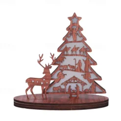 Wooden Light-Up Nativity Scene Decor, Jesus Birth Display with Christmas Tree and Reindeer, Easter Nativity Ornament for Home Decoration