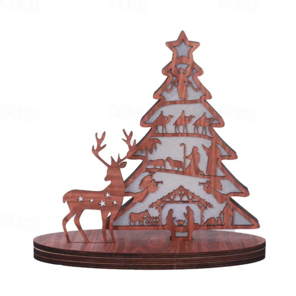 Wooden Light-Up Nativity Scene Decor, Jesus Birth Display with Christmas Tree and Reindeer, Easter Nativity Ornament for Home Decoration