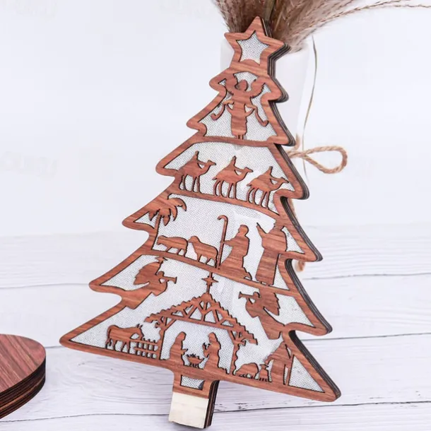 Wooden Light-Up Nativity Scene Decor, Jesus Birth Display with Christmas Tree and Reindeer, Easter Nativity Ornament for Home Decoration