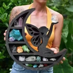 Wooden Moon Shelf, Durable Pine Floating Shelves Engraved Moon Design Shelf for Crystal Essential Oil Display Home Decor-Heart